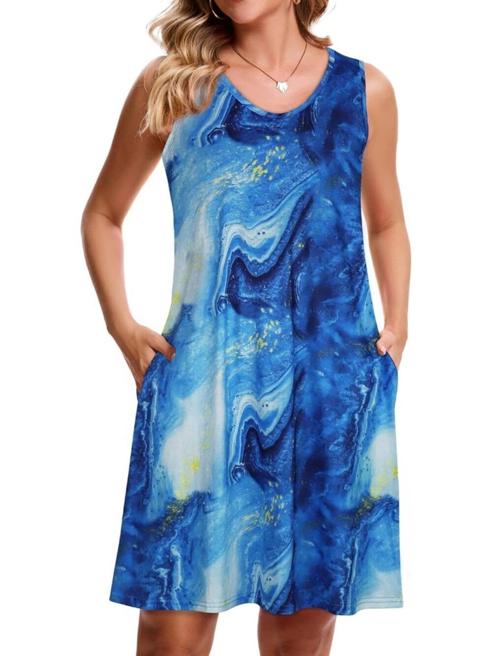 Women's Blue Stary Sky Casual Sleeveless Loose T Shirt V Neck Swing Mini Dress - Picture 2 of 5